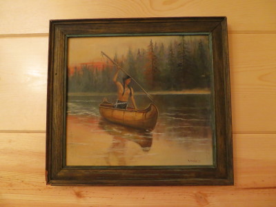 A great painting of a Native American fishing in a canoe. Could that be Mountain Fork River?