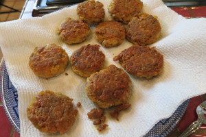 A deep golden color means the patties are done and delicious. All they need is the red sauce!