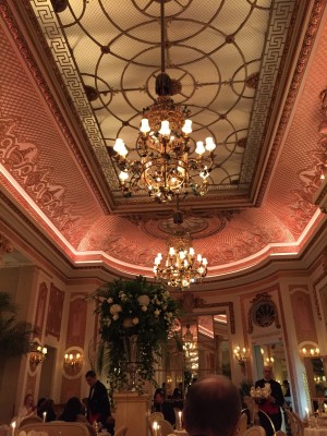 The beautiful ceiling at The Palm Court at The Ritz.