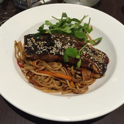 Amazing sesame seed salmon over Asian noodles.