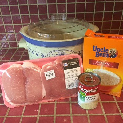 Crock pot, pork chops, cream of celery soup and rice are all you need for a great dinner.