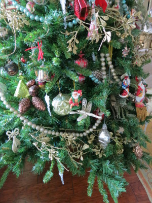 This is a close up of my tree. The Santa in the middle (in the hula skirt) is a souvenir from Hawaii! Aloha!