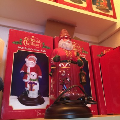 This glass Merck Santas have their own shelves in my Christmas closet. 