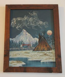 This is a Native American ghost painting by Johnny Yazzie. The teepee truly looks transparent thus showing the people inside.