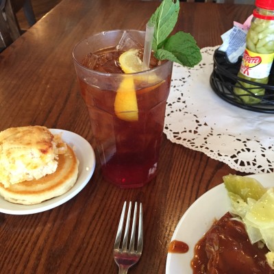 Sweet tea, biscuit and a pancake at The Lady and Sons.