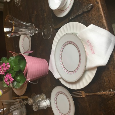 I have decided to set my Easter table with my mom's 1950s pink and white china and my plain white china. I love this look for Easter!
