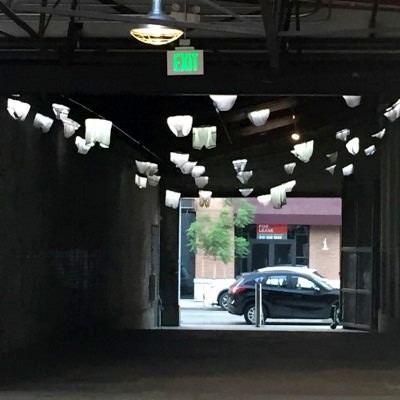 This art installation outside Mauela in the Los Angeles Arts District is illumnated underpants. 