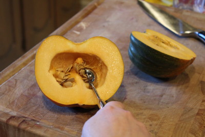 A melon baller makes quick work of cleaning the inside of winter squash.