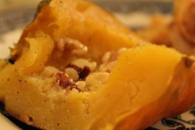 Roasted butternut squash with butter and walnuts.