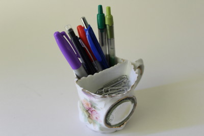 A shaving mug can be repurposed for use at a desk.
